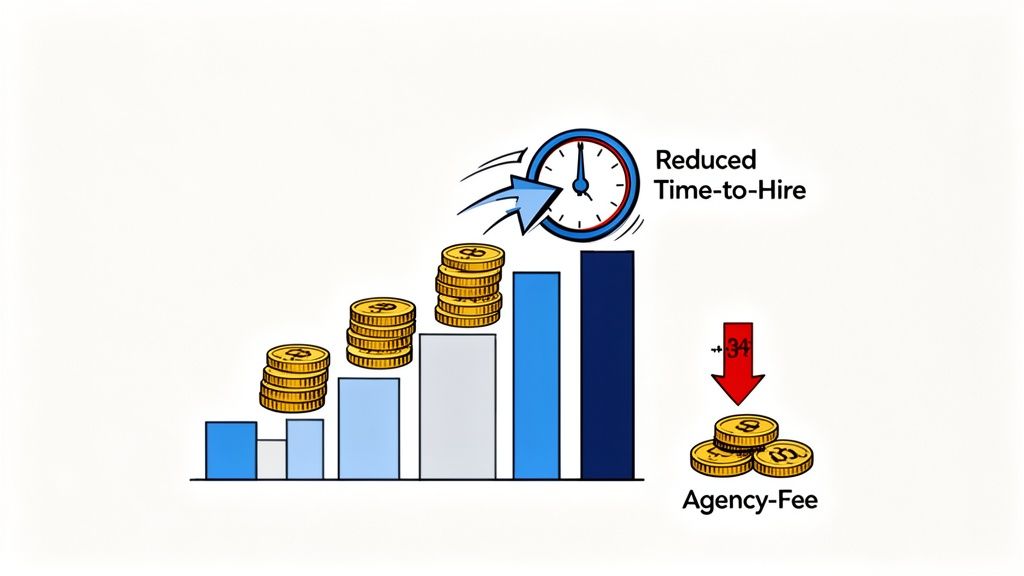 Bar chart illustrating growth, reduced time-to-hire, and decreased agency fees with gold coins.