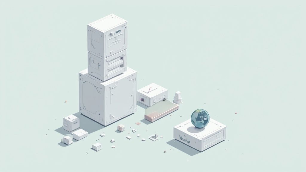 A person at a computer, surrounded by icons representing different technology tools and platforms, illustrating the process of building a tech stack.