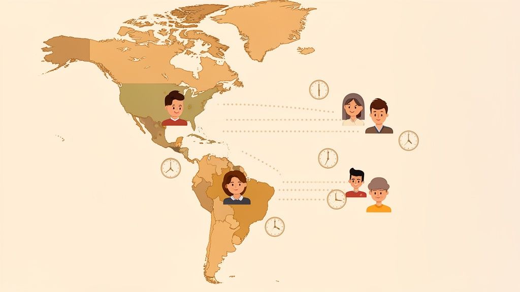Illustrated map showing people in North and South America connecting remotely across time zones.
