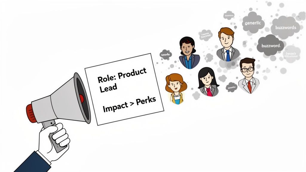 A hand holds a megaphone announcing a Product Lead role, emphasizing impact over perks to diverse candidates.