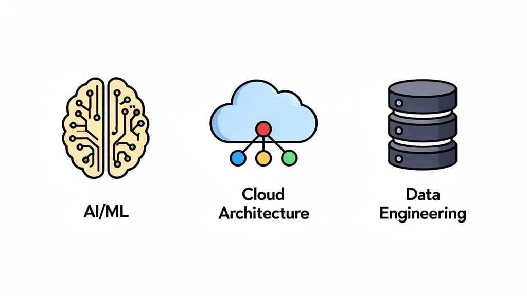 Three icons illustrating core tech fields: AI/ML (brain), Cloud Architecture (cloud), and Data Engineering (database).