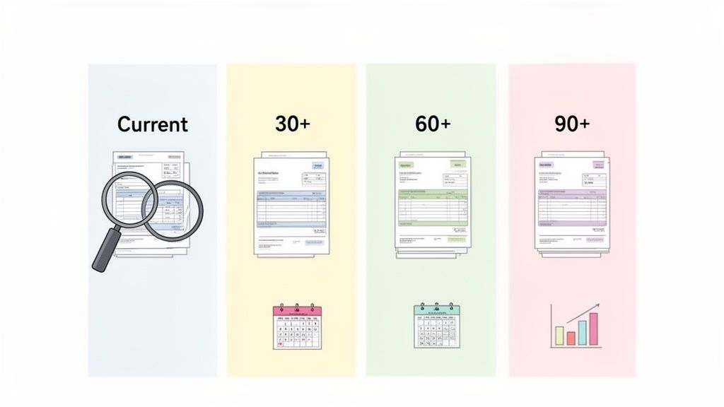Illustration of accounts payable invoice aging stages: Current, 30+, 60+, and 90+ days past due.