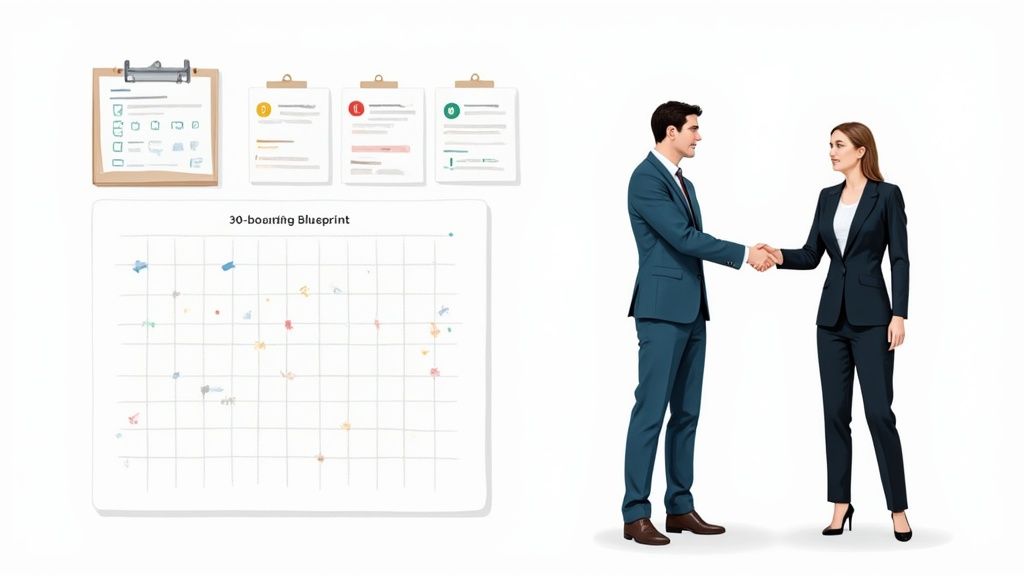 A person showing another person a blueprint plan at a desk.