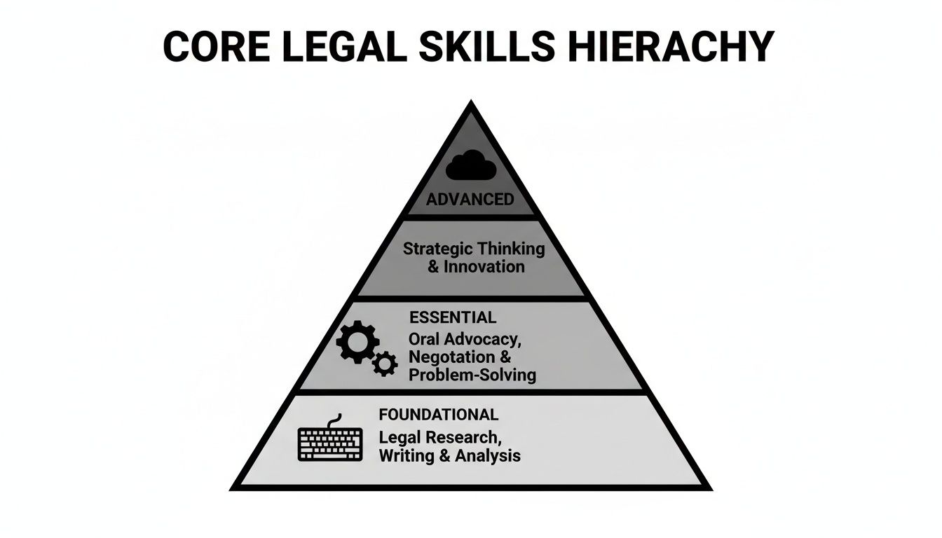 A pyramid illustrating the core legal skills hierarchy, from foundational research to advanced strategic thinking.
