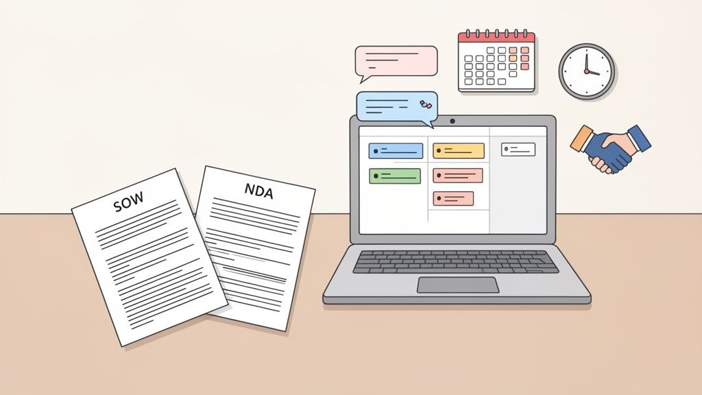 SOW and NDA documents, a laptop with project management interface, calendar, clock, and a handshake.