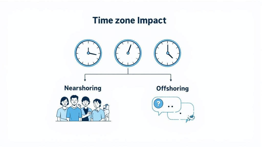Illustration depicting time zone impact on nearshoring with close teams versus offshoring with communication issues.
