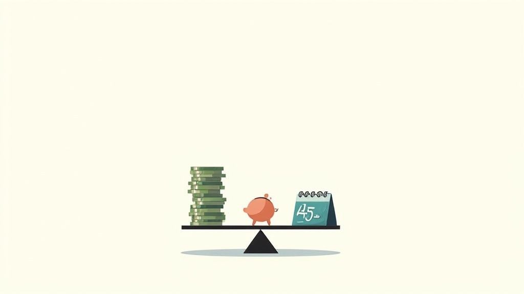 A balance scale with a stack of money, a piggy bank, and a calendar showing '45', symbolizing financial planning.