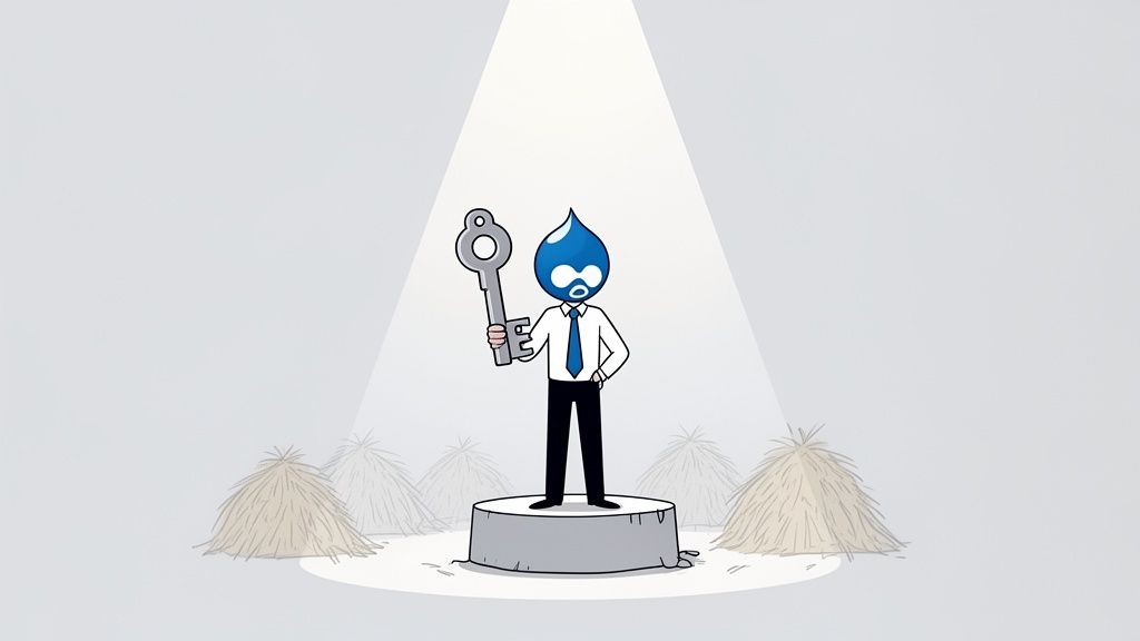 A cartoon Drupal character holding a large key on a pedestal under a spotlight, surrounded by haystacks.