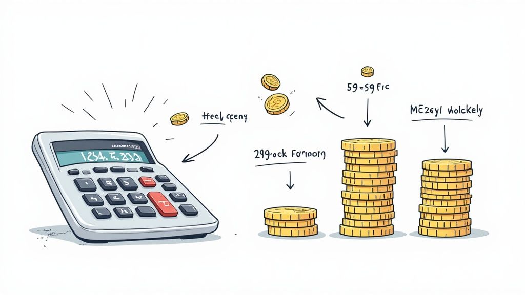 A cartoon illustration of a calculator, flying coins, and stacks of gold coins with financial labels.