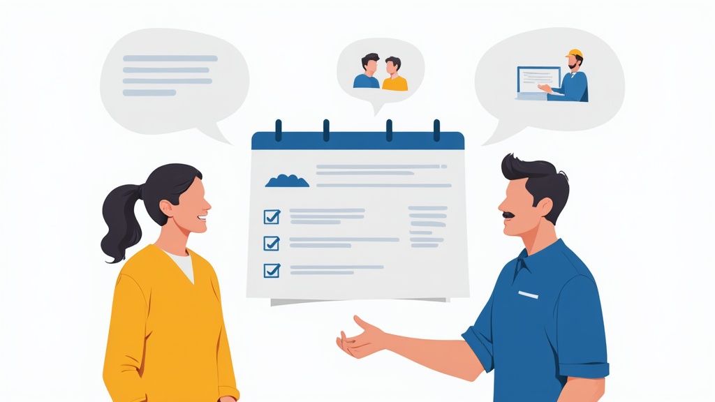 Two people discuss a project calendar and checklist, with thought bubbles showing collaboration and contractor work.