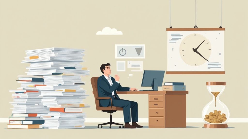A man at his desk surrounded by a huge stack of papers, a clock, and an hourglass.