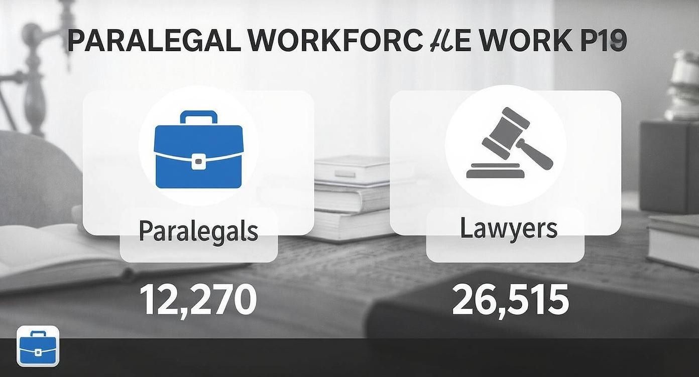 Graphic comparing legal workforce: 12,270 paralegals (briefcase icon) and 26,515 lawyers (gavel icon).