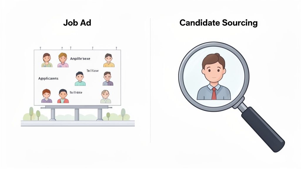 Image comparing a job ad billboard displaying multiple applicants with a magnifying glass for candidate sourcing.