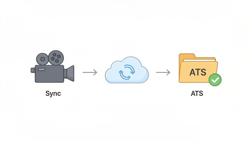 A diagram illustrating video data syncing via a cloud to a successfully updated ATS folder.