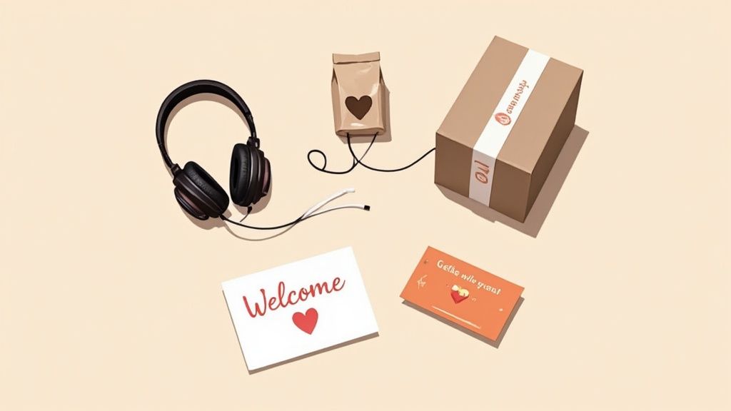 A welcome kit with a laptop, headphones, a notebook, and a coffee mug arranged on a wooden surface.