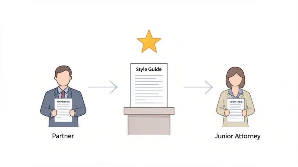 Illustration showing a legal partner and junior attorney using a style guide for consistent legal writing.