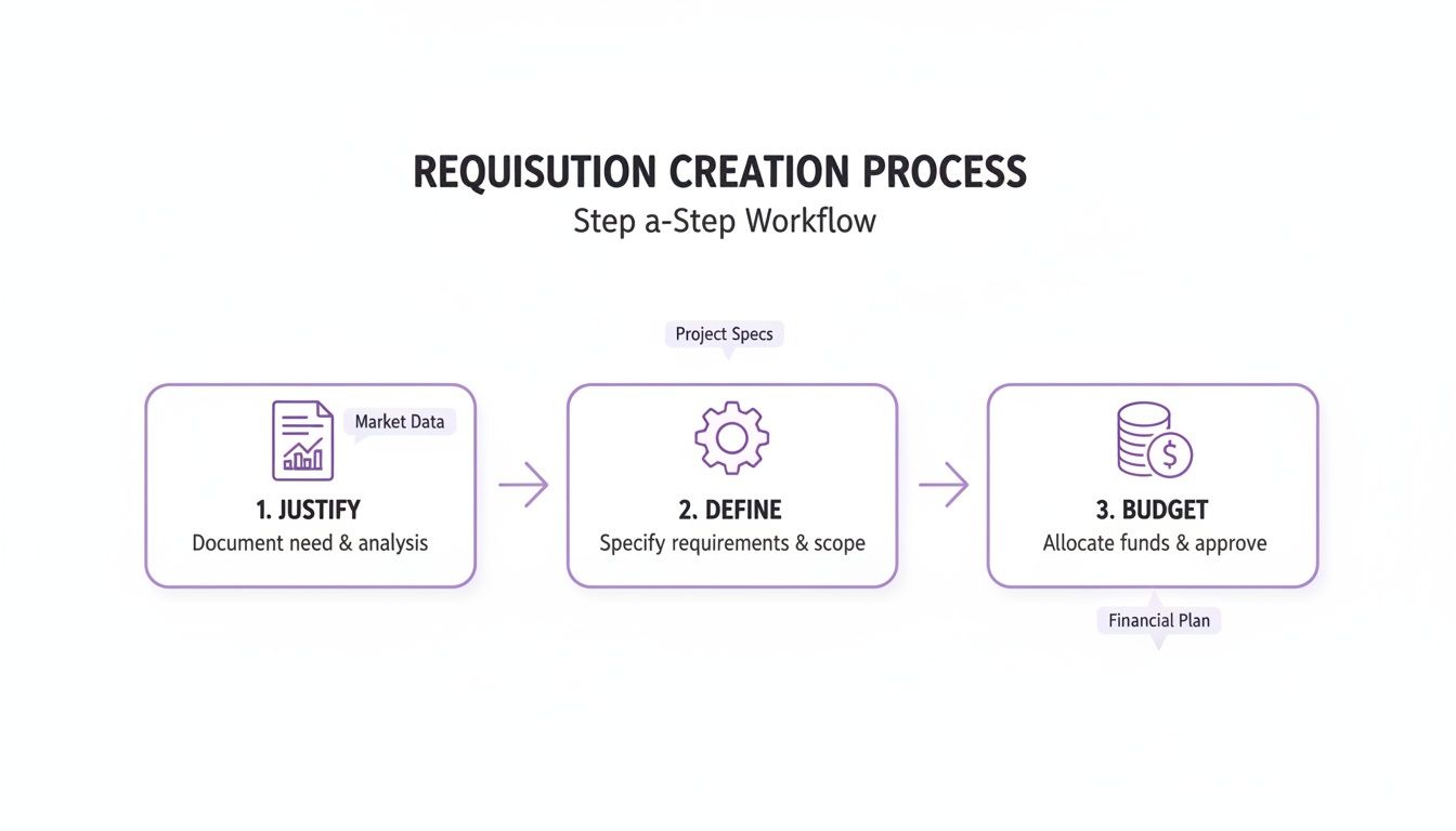 A workflow diagram illustrating the three-step requisition creation process: Justify, Define, and Budget.