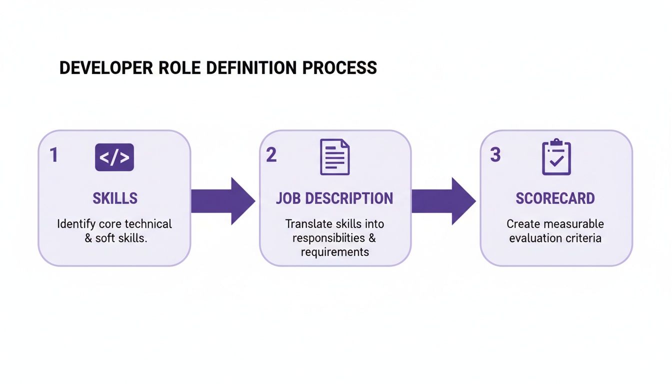 Flowchart illustrating the three-step developer role definition process: skills, job description, and scorecard creation.