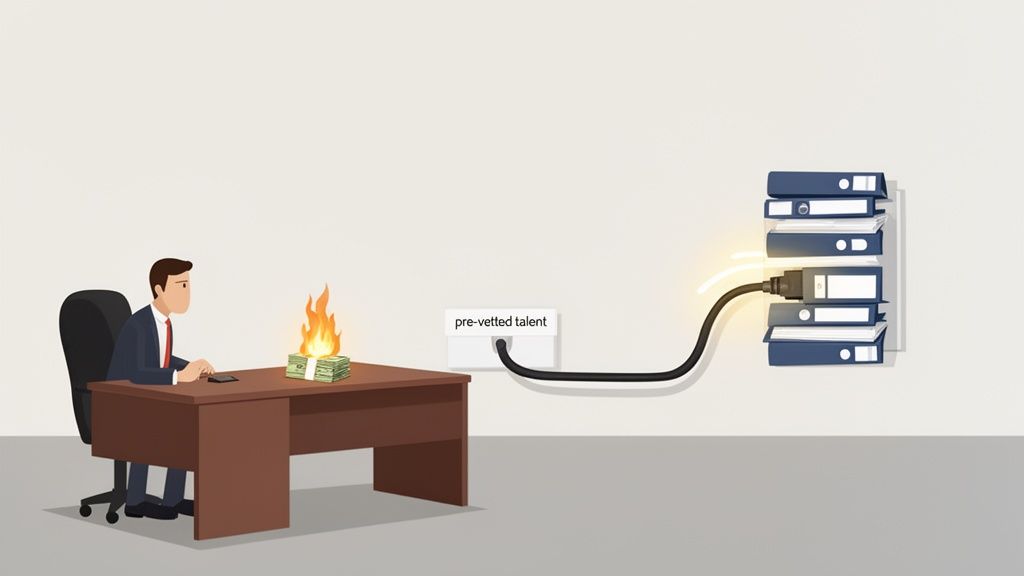 Man at desk with burning money, connected to 'pre-vetted talent' powering work documents.