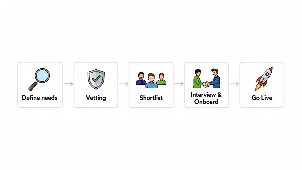 An illustrated five-step process showing recruitment stages: define, vet, shortlist, interview, and go live.