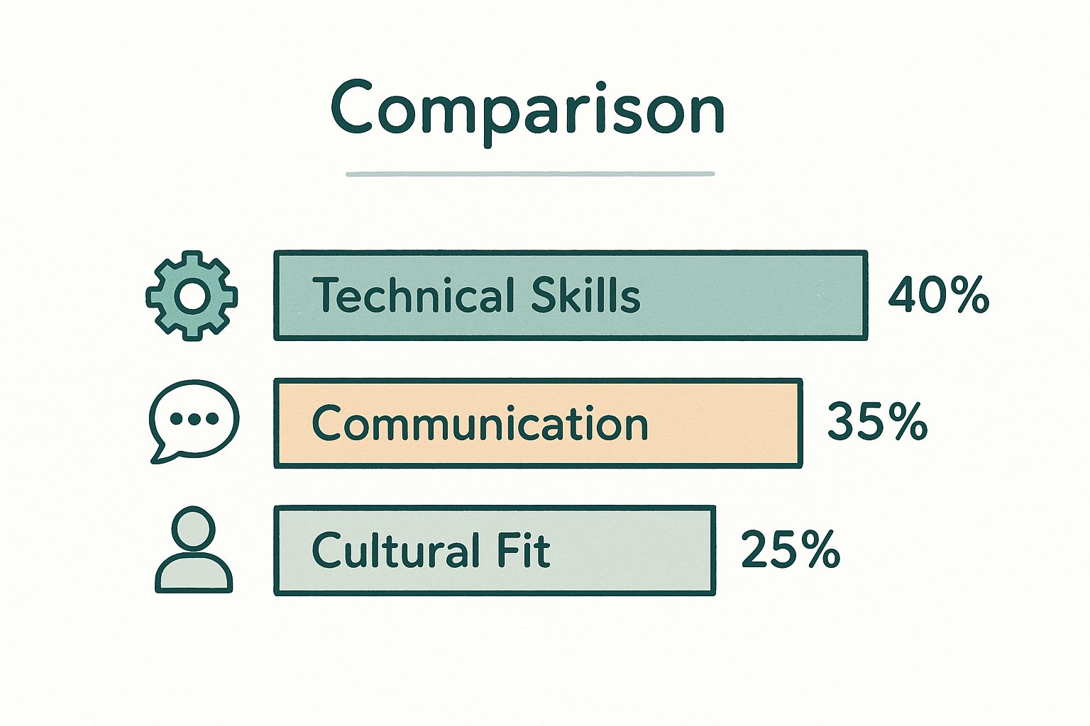 Infographic showing a comparison of hiring criteria weights: Technical Skills at 40%, Communication at 35%, and Cultural Fit at 25%.