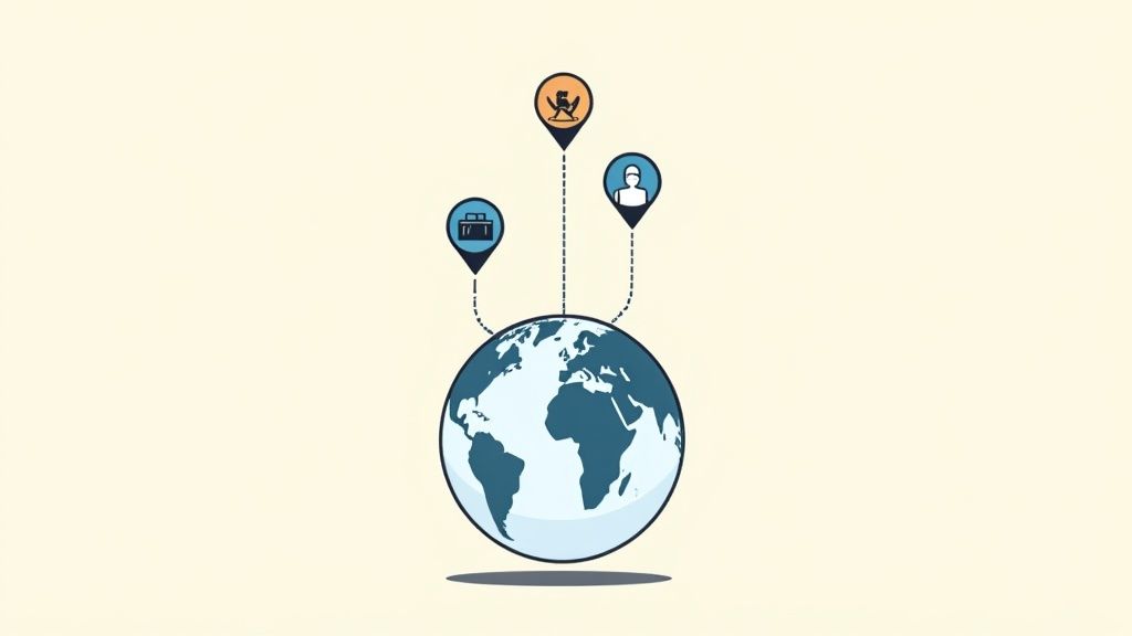 Globe with location pins showing business, person, and legal icons representing global online job opportunities