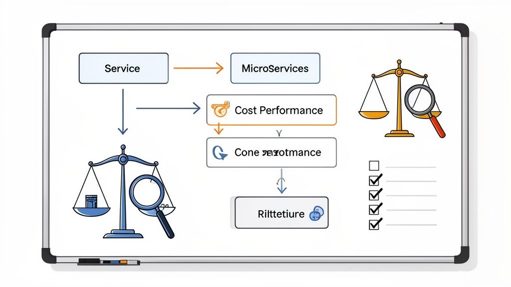 Flowchart illustrating Service evolution to Microservices, focusing on Cost and Core Performance evaluation.
