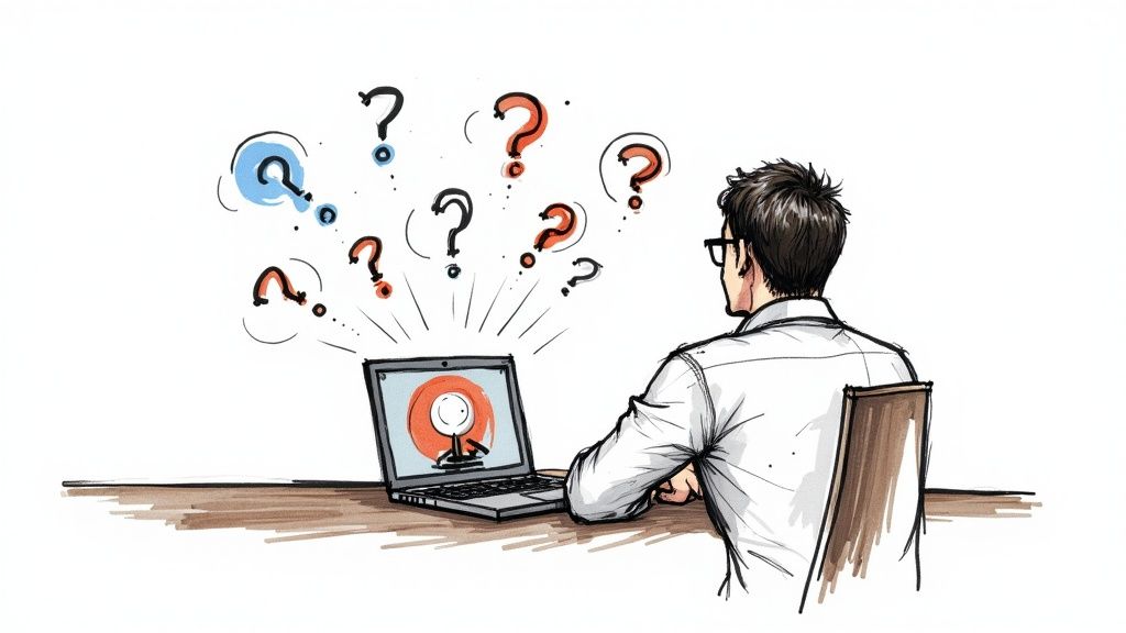 A person sitting at a desk and smiling while looking at a laptop screen during an online video call.