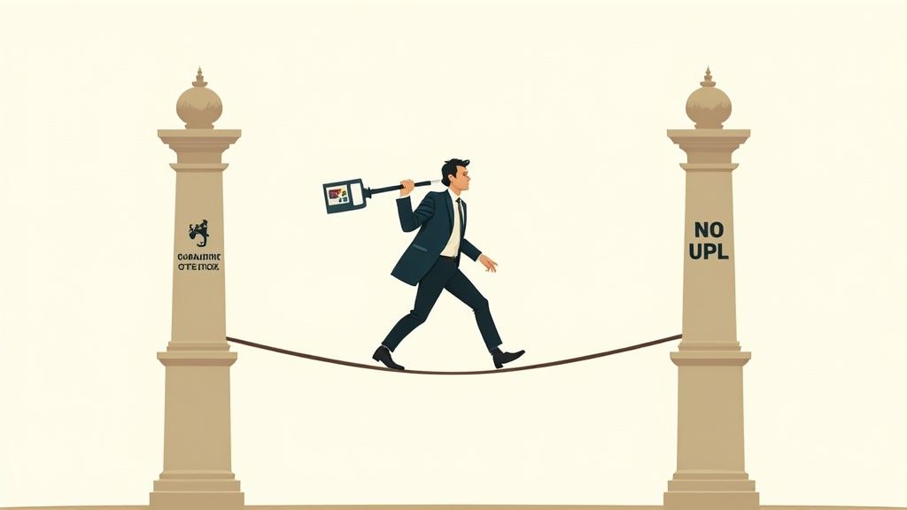 A businessman carefully walks a tightrope between two pillars, symbolizing a precarious balancing act.