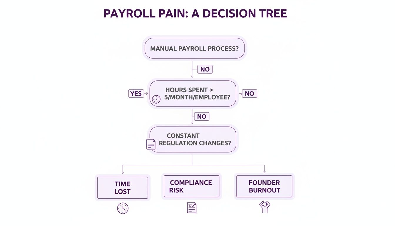 A decision tree flowchart illustrating common payroll pains, questions, and their business consequences.