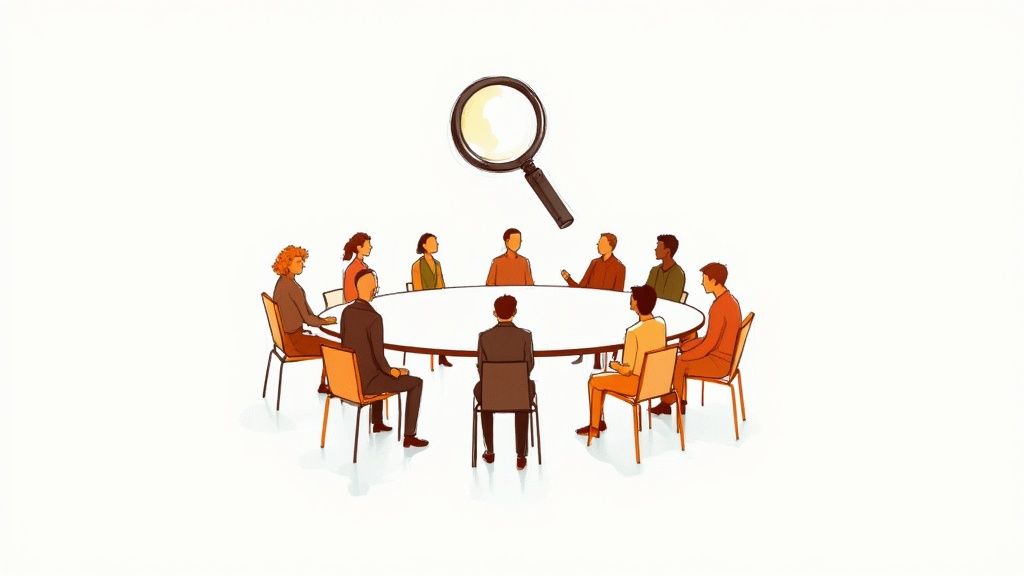 An image depicting a group of professionals collaborating in a modern office setting, representing an assessment center exercise.