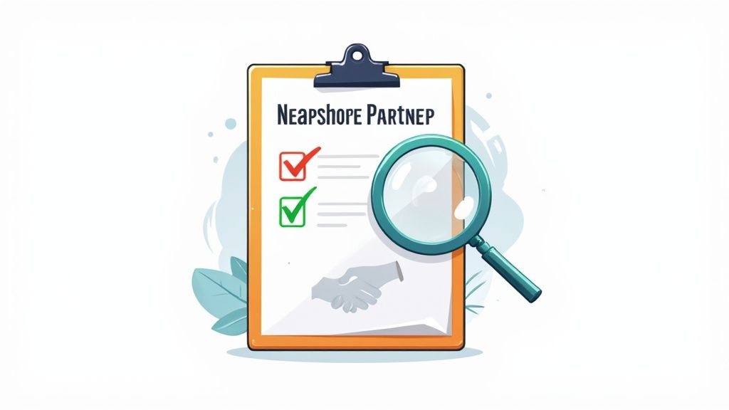 Illustration of a clipboard with a document showing checklist items, a magnifying glass, and a handshake, symbolizing a nearshore partnership review.