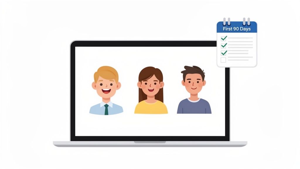 Three diverse cartoon people on a laptop screen with a 'First 90 Days' checklist, representing team onboarding.