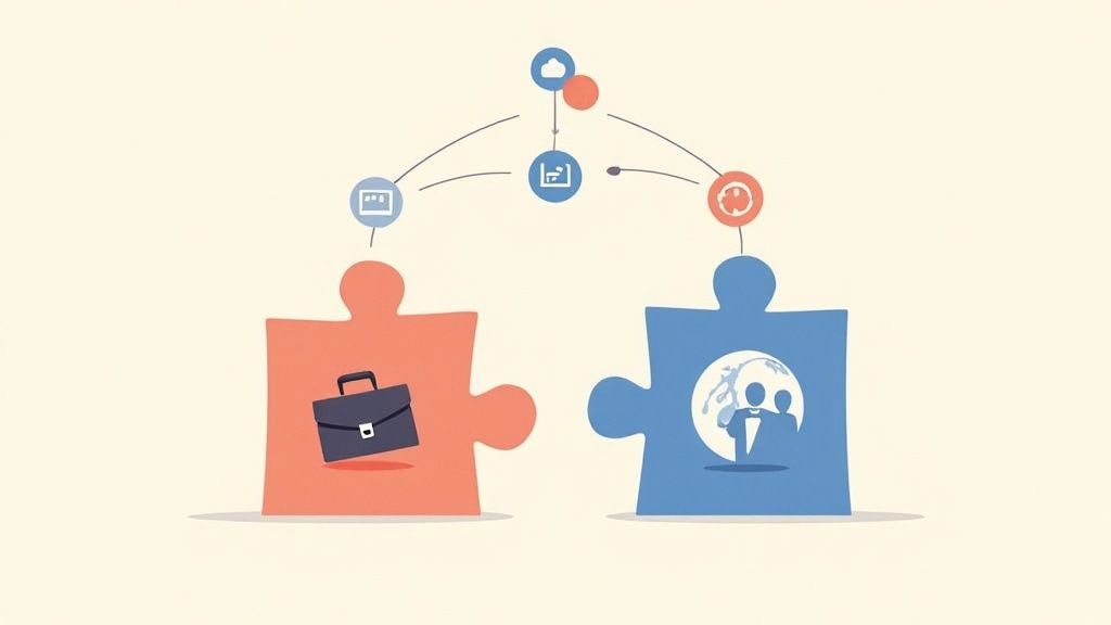 Business and legal professionals puzzle pieces connecting through cloud-based digital collaboration platform