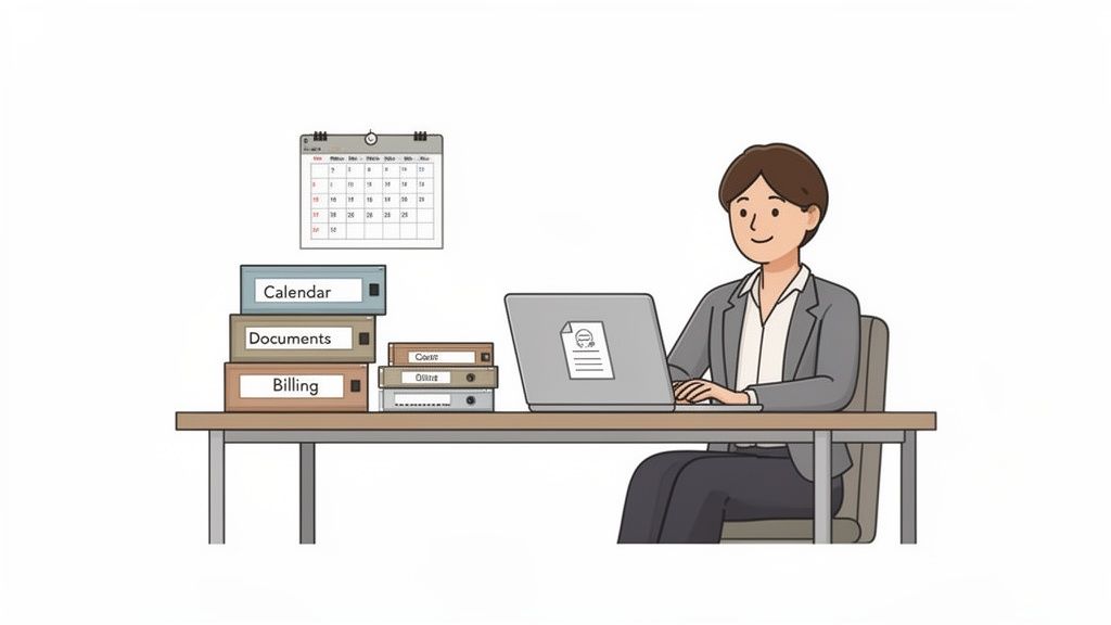 Illustration of a person working on a laptop at a desk with organized binders and a wall calendar.