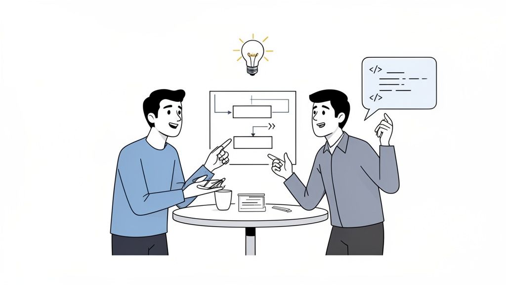 Two developers discuss a software development flowchart and code, brainstorming ideas for a project.