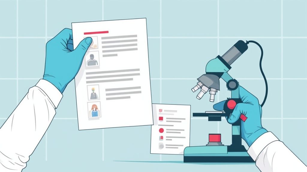 Gloved hands in lab coats analyzing documents and operating a microscope on a light blue background.