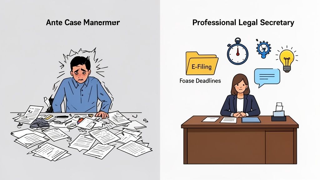 A stressed man buried in papers contrasted with an organized legal secretary managing e-filing and deadlines.