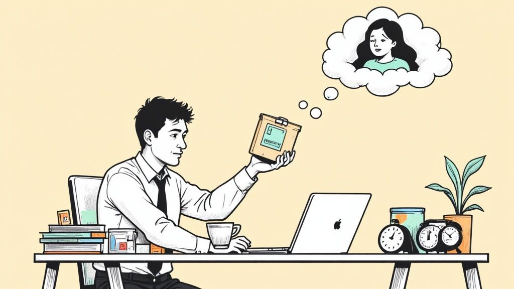 Man at a desk holding a package, thinking of a woman, with a laptop and books.