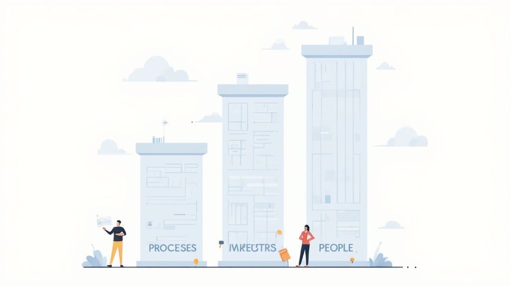 Flat illustration of three distinct buildings representing processes, infrastructure, and people.