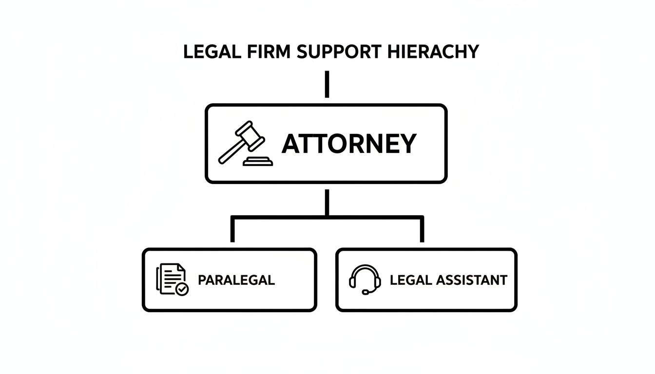 Visual hierarchy of legal firm support, with attorney supported by paralegal and legal assistant.