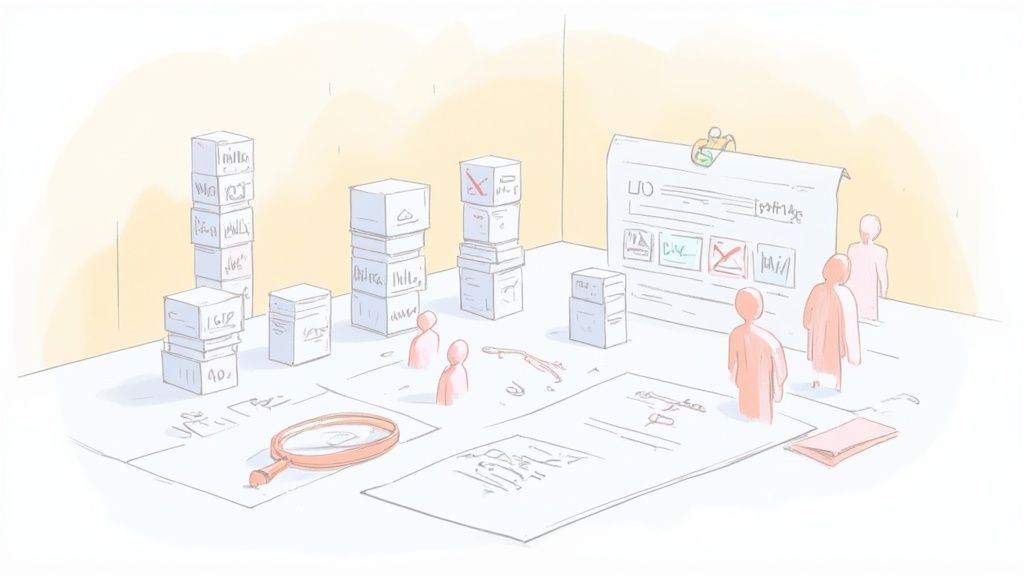 Stylized team reviewing project tasks and documents, with file boxes, a large screen, and magnifying glass.