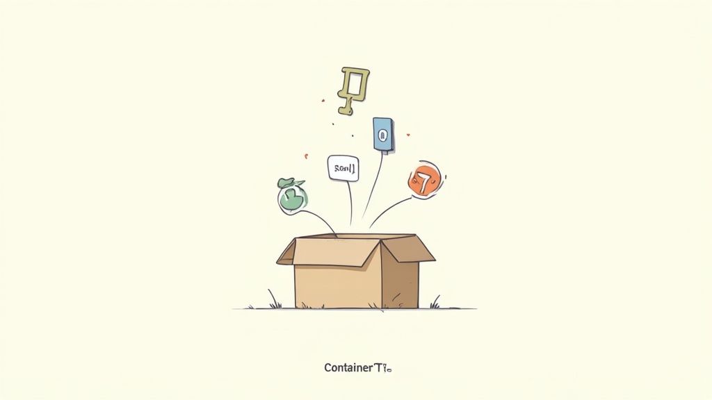 A stylized illustration of a cardboard box emitting various abstract symbols and data elements.