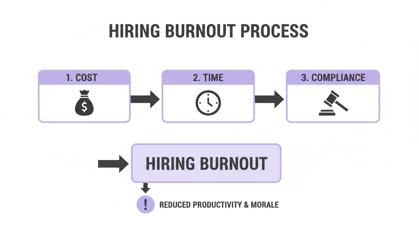 A flow chart illustrates the hiring burnout process, showing cost, time, and compliance leading to reduced productivity and morale.