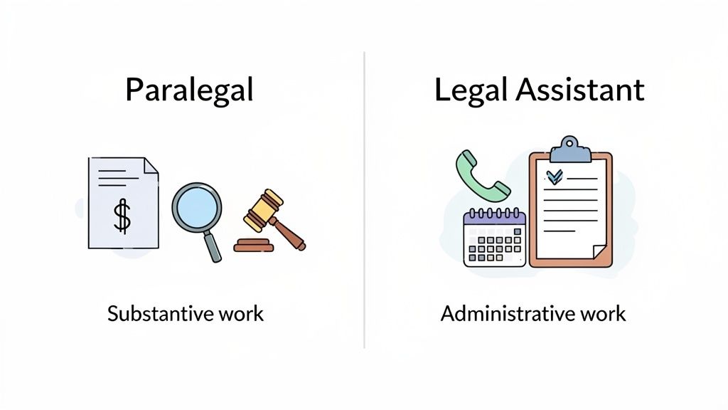 Infographic comparing paralegal (substantive work) and legal assistant (administrative work) with relevant icons.