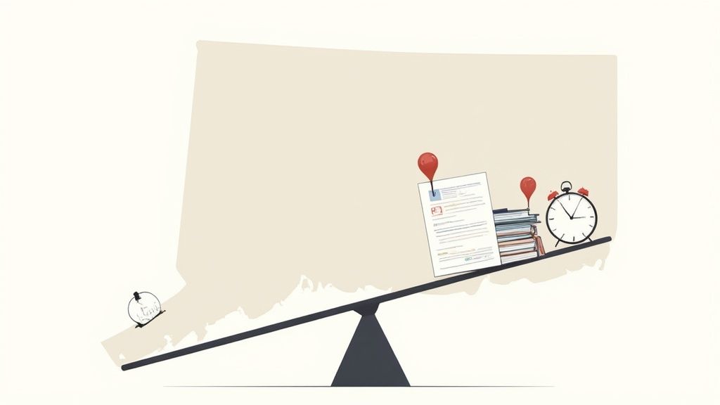 A scale balances a small clock on the left with documents, books, and a clock on the right, over a Connecticut map.