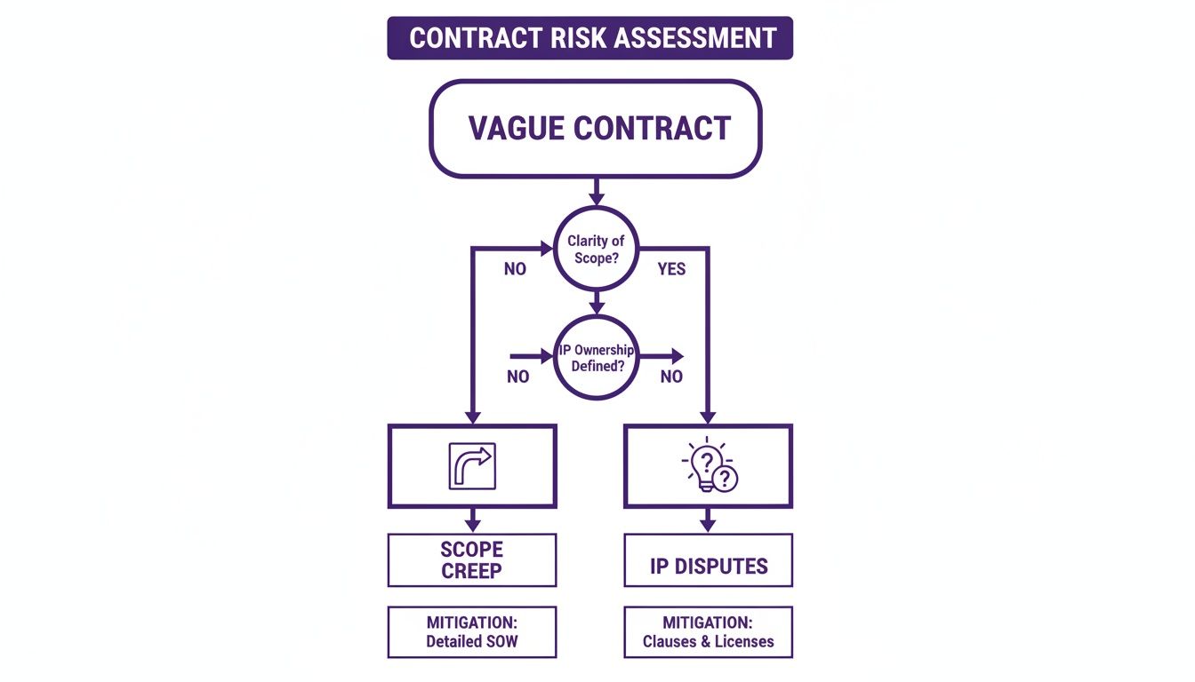 Flowchart: Contract Risk Assessment for Vague Contracts, addressing Scope Clarity and IP Ownership.