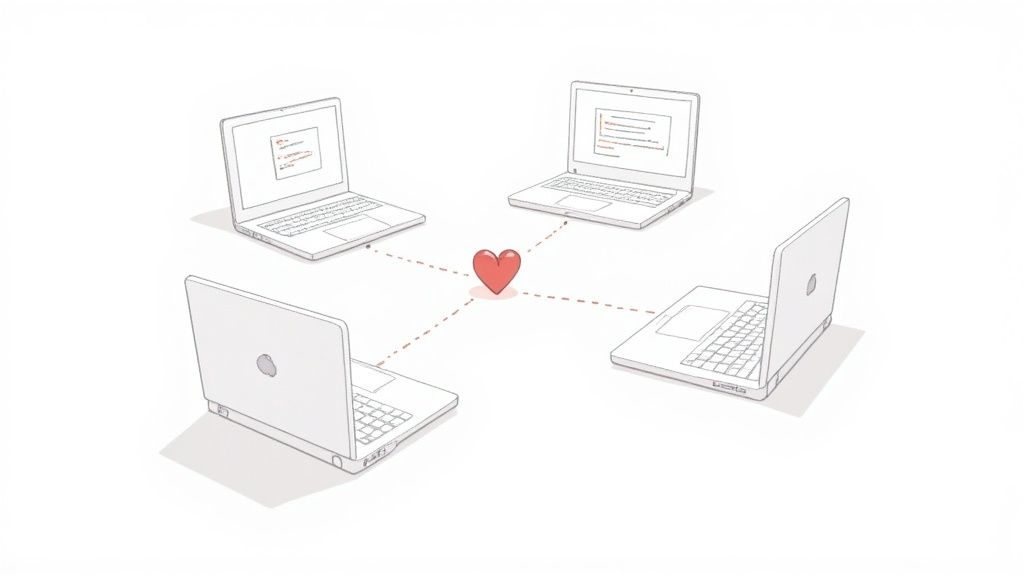 Four laptops are interconnected by dotted lines to a central red heart, symbolizing digital connection or community.