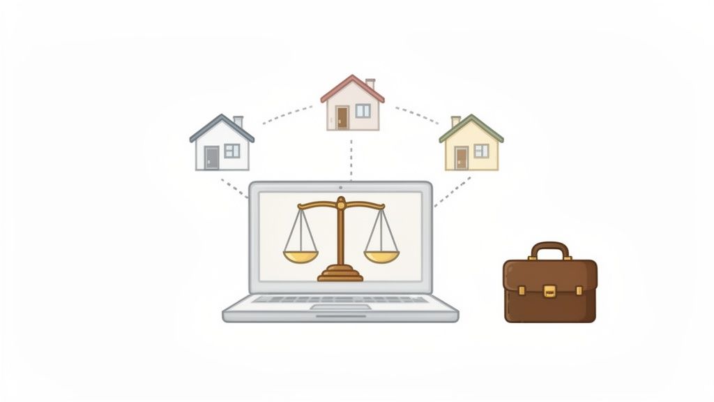 A laptop displaying scales of justice, connected to three houses, with a briefcase, symbolizing legal real estate services.