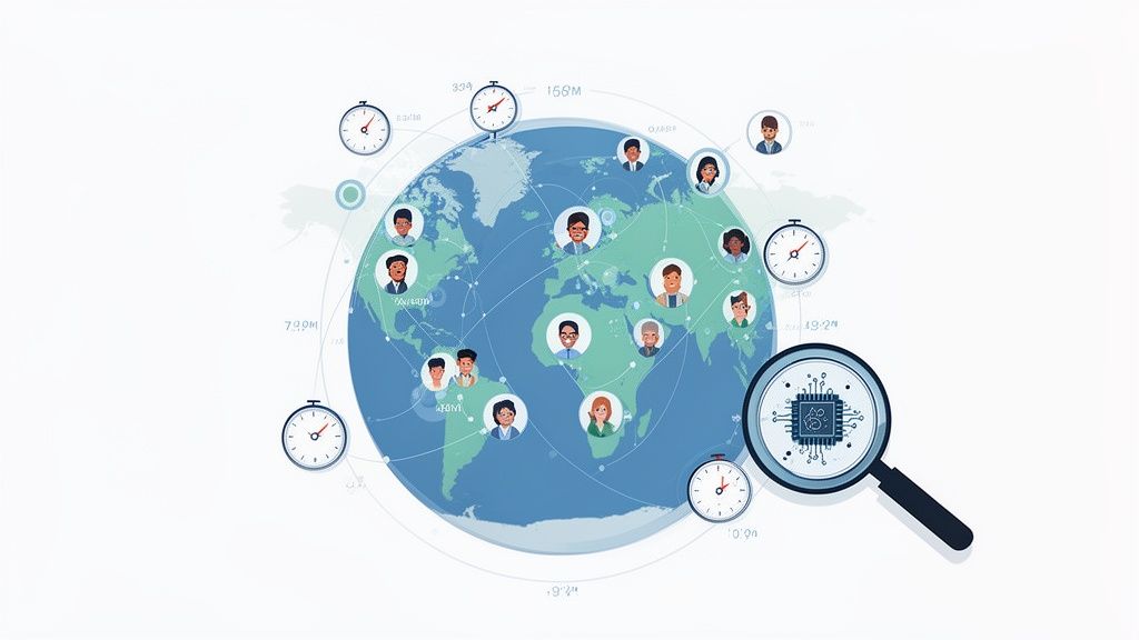 Global network connecting diverse professionals and time zones, with technology focus for recruitment efforts.